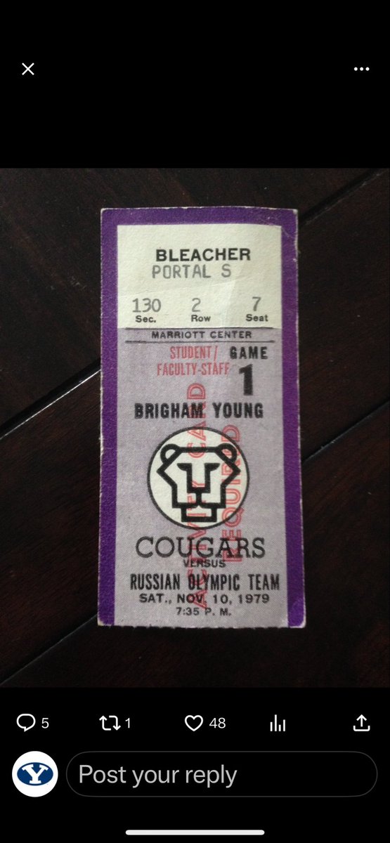 In 1979, @danielrainge and BYU beat the Soviet National team in a wildly electric exhibition game in front of 23,000 screaming fans in Provo. 

Note: the Soviet National team won the 1979 FIBA EuroBasket championship and won the bronze medal in the 1980 Olympics.

My ticket: