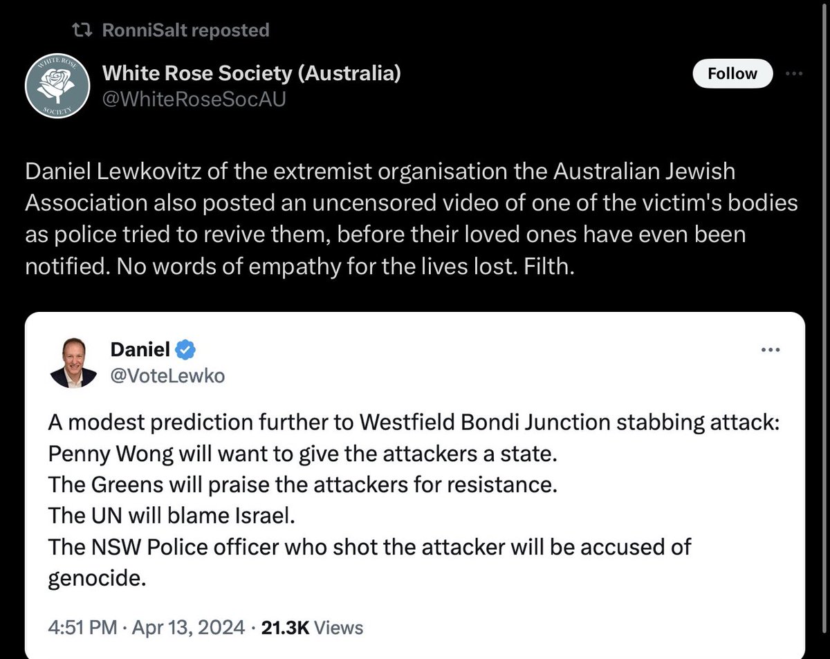 Daniel Lewkovitz, what a vicious, ignorant, inhuman thing to tweet in the face of this horror. Lower than excrement IMHO. Well said White Rose Society. ✊🏻✊🏻✊🏻
