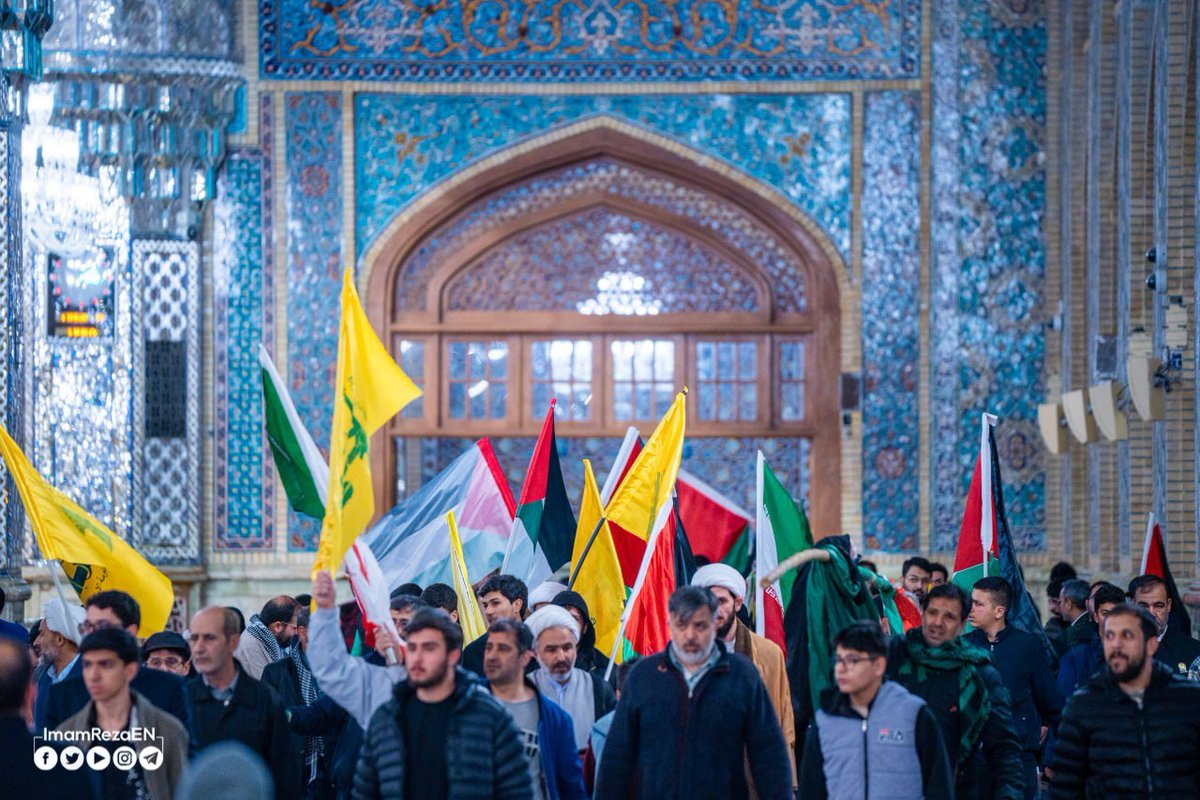 In the Imam Khomeini portico of the Holy Shrine, pilgrims pray for Islam's victory and rejoice over divine revenge at the hands of God's men, in a show of unwavering support for the axis of resistance. #Iran