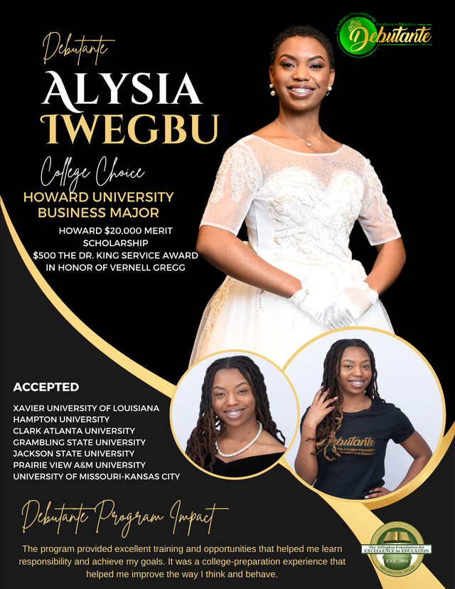 ArlingtonFEE04's tweet photo. We are happy to congratulate our 2023 Debutante Alysia Twegbu on her acceptance to Howard University. We wish you the best in your future college and career endeavors. https://t.co/mxFIzPHjeQ