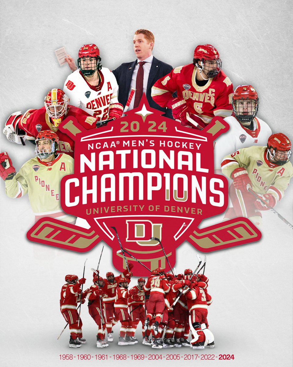Champ10ns
 
Denver stands alone on top of the mountain for the most national championships in college hockey - 1 more than Michigan and 2 more than North Dakota.

#GoPios | #TENver