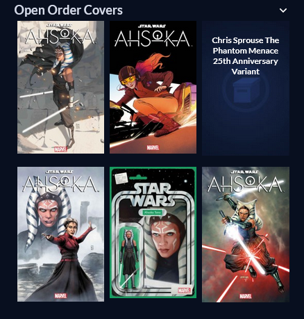 Comic Book Group Break - Star Wars Ahsoka #1 w/variant covers blowoutforums.com/showthread.php… Each lot comes with at least 8 comics: 2x regular covers, 1x Aka Variant, 1x Annie Wu Variant, 1x Phantom Menace Variant, 1x Duursema Variant, 1x Action Figure Variant, 1x Lashley Foil…