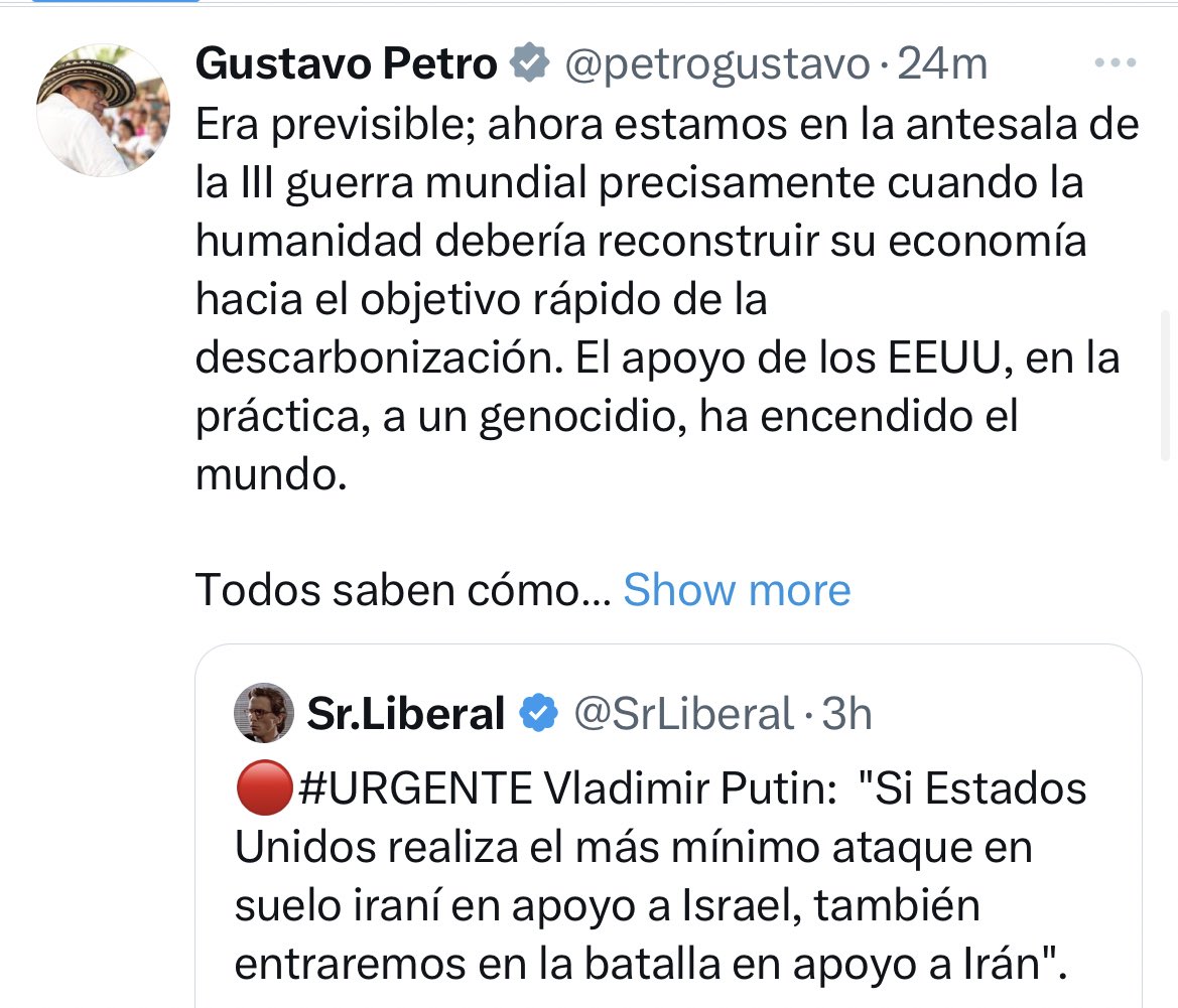 Colombian President retweets an entirely invented Putin comment, in the midst of this dangerous global crisis.