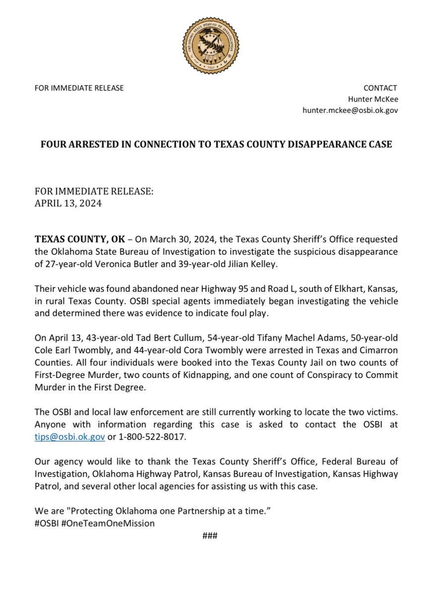 OSBI_OK's tweet photo. FOUR ARRESTED IN CONNECTION TO TEXAS COUNTY DISAPPEARANCE CASE
#OSBI #OneTeamOneMission @OSBI_Director @FBIOklahomaCity @OHPDPS https://t.co/i85A3hekuE