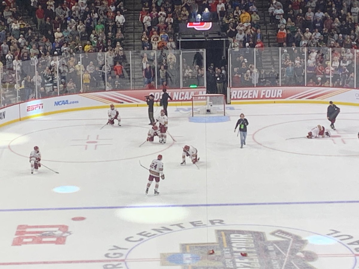 And so it ends, elation at one end and devastation at the other. Somewhere Craig Patrick is smiling. And Beau Bennett. Denver is college hockey’s national champ for the 10th time. See you in St. Louis.