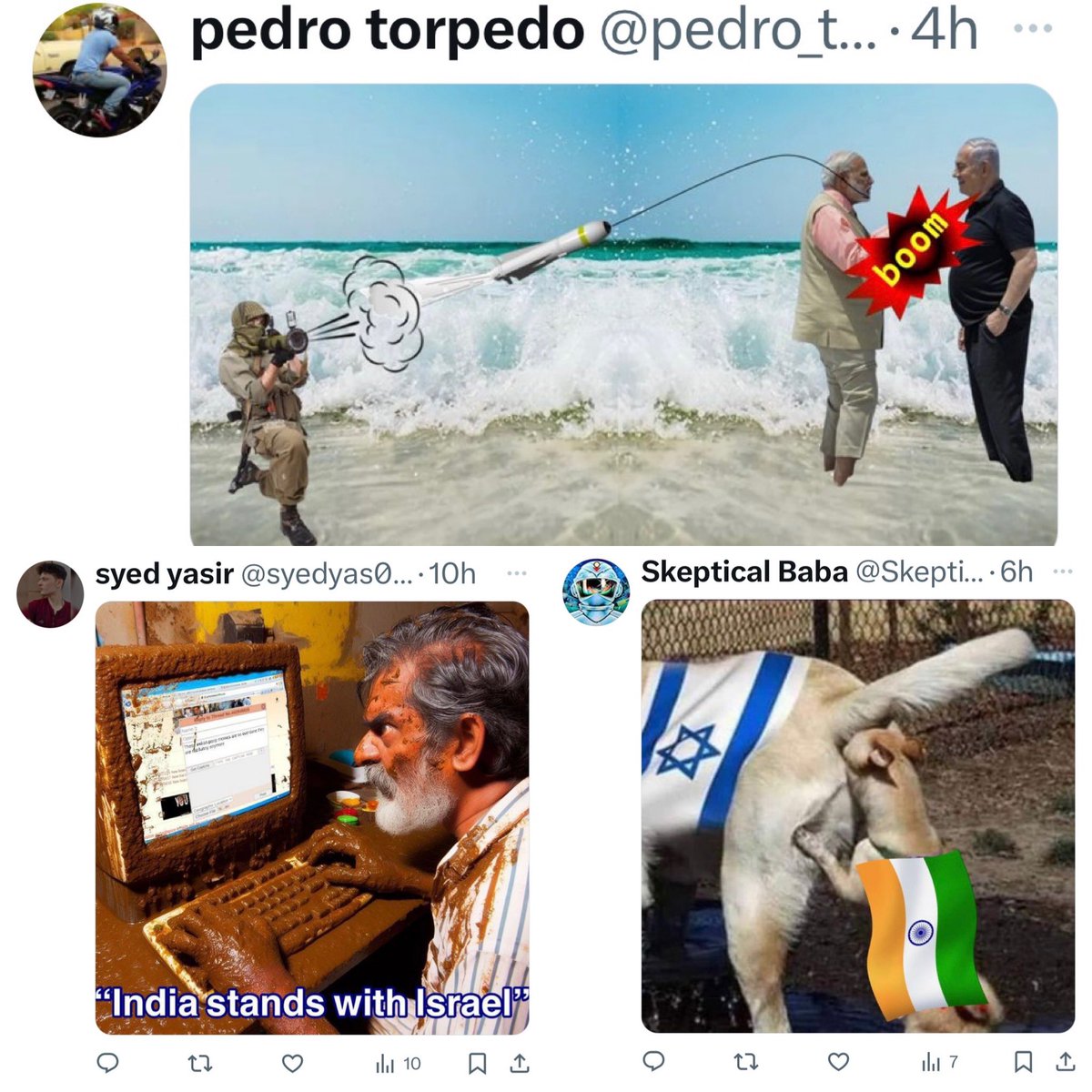 NaorGilon's tweet photo. Luckily our enemies have little sophistication..
In reaction to a support post from India to Israel, these👇are their comments.
It seems that instead of separating between 🇮🇳🇮🇱, they are only pushing us closer😊. https://t.co/OlYghLXGcP