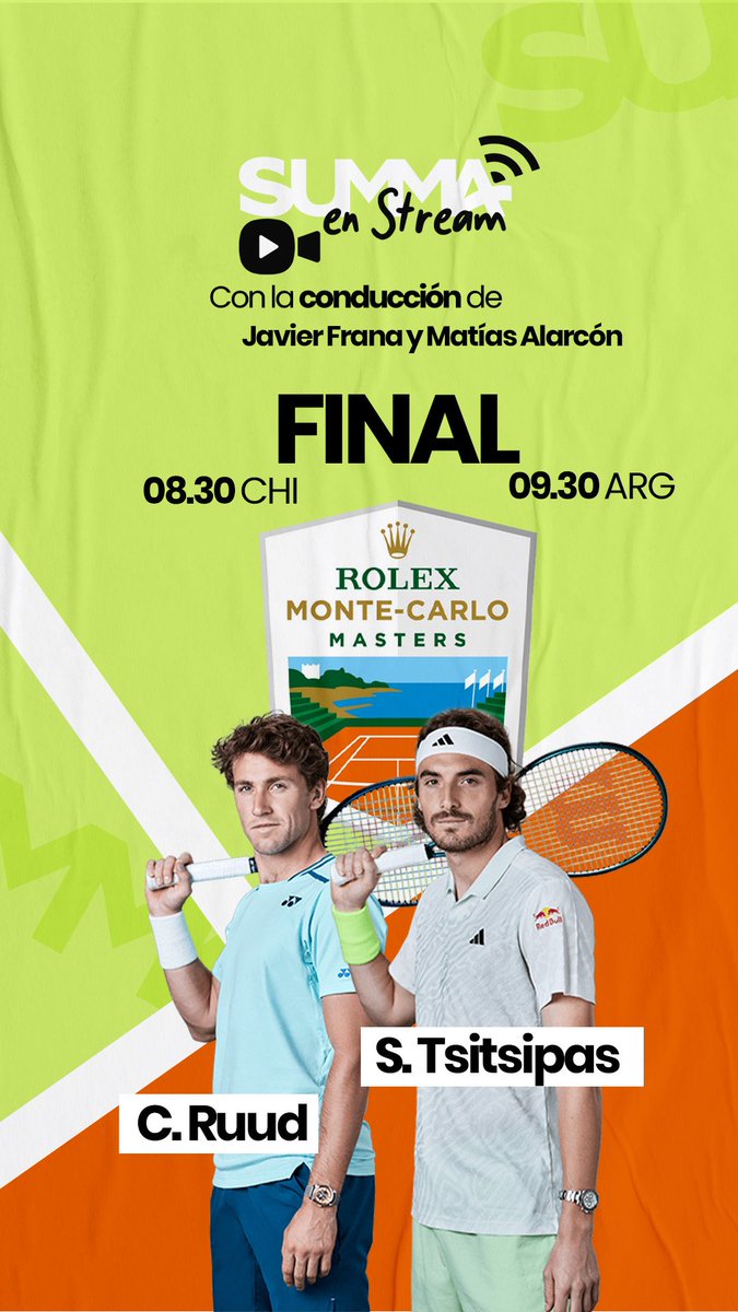 Mañana volvemos con toda para la final del @ROLEXMCMASTERS entre @CasperRuud98 y @steftsitsipas. Acordate, la ves por tele, nos escuchas a nosotros. O no? @javifranatenis @MatiasAlarconL Nos vemos mañana! 💪🔥