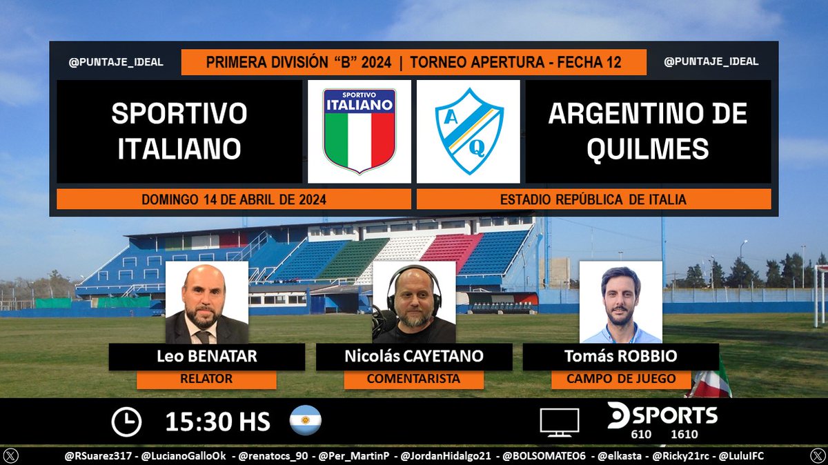 ⚽ #PrimeraB 🇦🇷 | #SportivoItaliano vs. #ArgentinoDeQuilmes
🎙 Relator: @LeoBenatar
🎙 Comentarista: @nicocayeta
🎙 Campo de juego: @tomasrobbio 
📺 @DSports (610-1610) 🇦🇷
💻📱 @DGO_Latam 🇦🇷
🤳 #FutbolEnDSPORTS - #AscensoEnDSPORTS
Dale RT 🔃