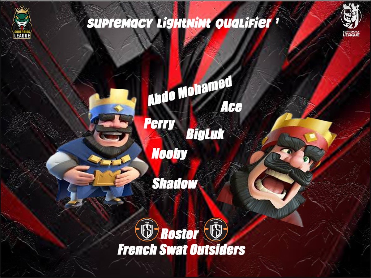 French Swat Outsiders (@fs_outsiders) on Twitter photo <a href="/CR_Supremacy/">Supremacy League</a> x <a href="/SoberbiosL_2024/">Soberbios League 🐸</a>
We’re glad to announce our roster for the first Supremacy Qualifiers! 🟠⚫️
Players :
<a href="/abdoMohamedcr1/">Abdullah</a>
<a href="/perry_cr/">PerryCR</a>
<a href="/cezar_shadow/">Shadow</a>
<a href="/biglukcr/">biglukcr</a>
<a href="/ACE_Resval/">¥2S °7 : ACE</a>
<a href="/Nooby_2cr/">nooby</a>
Our players are motivated and ready to fight !! ✨️ <a href="/CR_Supremacy/">Supremacy League</a> x <a href="/SoberbiosL_2024/">Soberbios League 🐸</a>
We’re glad to announce our roster for the first Supremacy Qualifiers! 🟠⚫️
Players :
<a href="/abdoMohamedcr1/">Abdullah</a>
<a href="/perry_cr/">PerryCR</a>
<a href="/cezar_shadow/">Shadow</a>
<a href="/biglukcr/">biglukcr</a>
<a href="/ACE_Resval/">¥2S °7 : ACE</a>
<a href="/Nooby_2cr/">nooby</a>
Our players are motivated and ready to fight !! ✨️