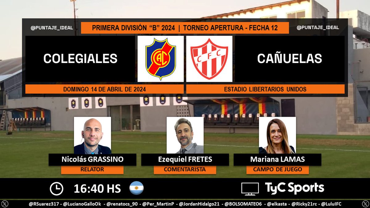 ⚽ #PrimeraB 🇦🇷 | #Colegiales vs. #Cañuelas 🎙 Relator: @NicoGrassino 🎙 Comentarista: Ezequiel Fretes 🎙 Campo de juego: @MarianaLamas 📺 @TyCSports 🇦🇷 💻📱 @TyCSportsPlay 🇦🇷 🤳 #PrimeraBEnTyCSports Dale RT 🔃