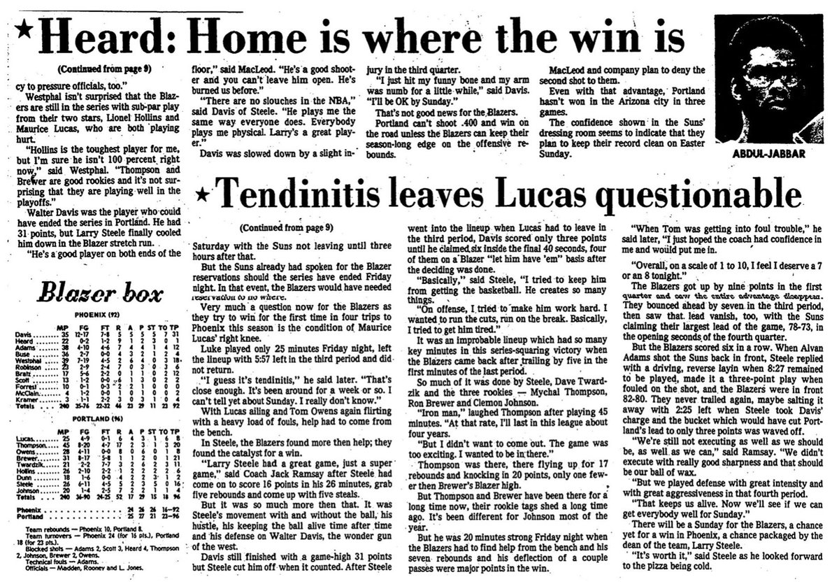 77Blazers's tweet photo. April 13 1979 - #LarrySteele, the cagey 8-year veteran for the @trailblazers, scored 16 points in the #Blazers Game 2 victory vs the @Suns in the 1st Round Playoff series.
Rookies @champagnennuts and #RonBrewer led the Blazers with 21 and 20 points respectfully with Thompson adding a playoff career-best 17 rebounds.
#WalterDavis tied his then playoff career-best 31 points, 22 of which happened before Portland coach #JackRamsay put Steele on him mid-way thru the 3rd. Davis
#RipCity #ThisDateinBlazersHistory