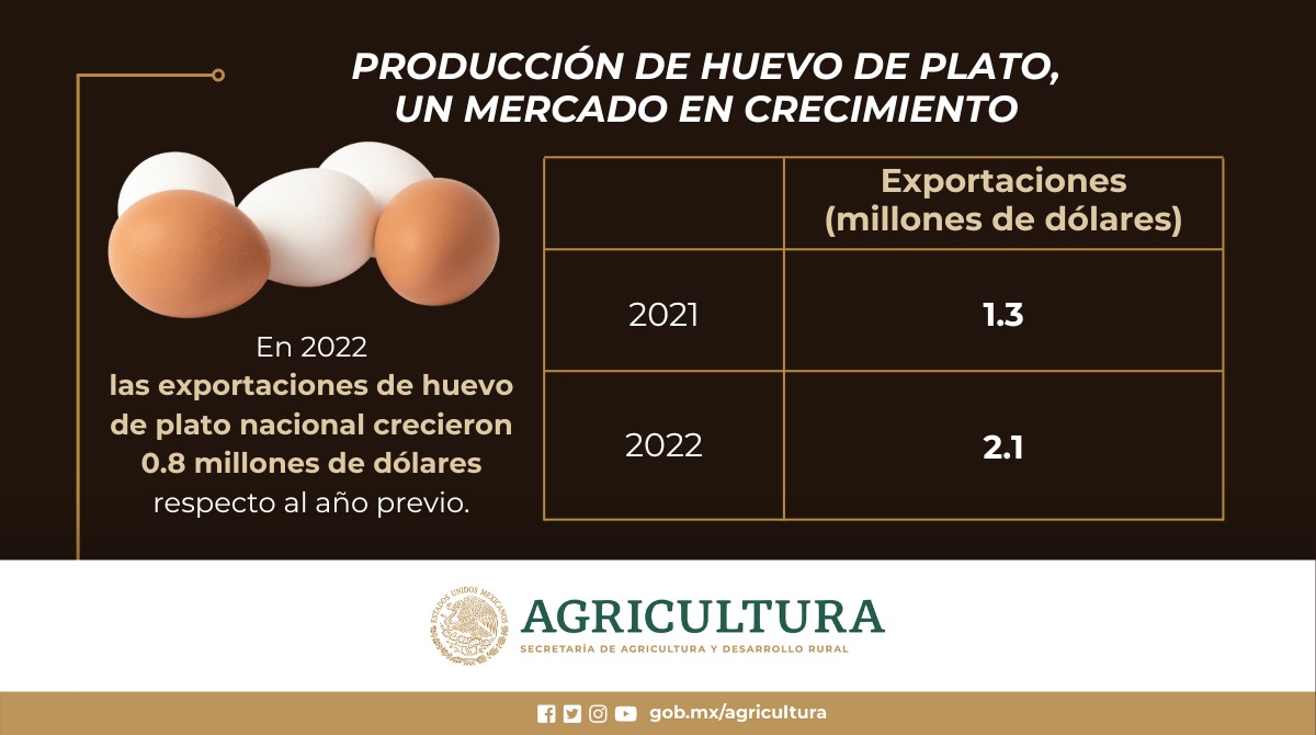 Con +3 millones de toneladas de huevo de plato, el mercado de este producto creció 0.8 millones de dólares en 2022. ¿Ya conocías este dato de la exportación pecuaria nacional? Conoce más aquí: bit.ly/43VvexY