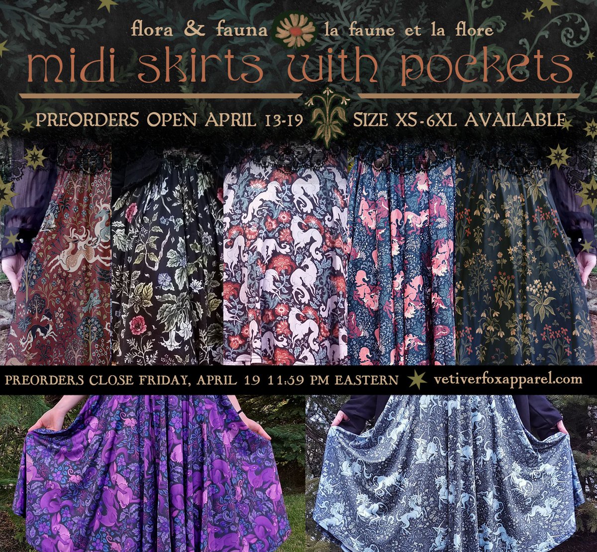 Midi skirt preorders are open now through Friday, April 19 at vetiverfoxapparel🖤com !! Thanks so much for looking! As always, shares & rts are very much appreciated! 🌷🦌🌹