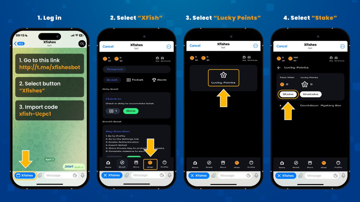 XfishGameFi's tweet photo. STAKING XFISH TOKENS 
A STEP-BY-STEP GUIDE

🎁 Unlock endless rewards with $Xfish Staking! 
💎 50 Xfish staked = 1 Lucky Point

✳️ Here's how to stake Xfish tokens!

1️⃣ Log in
1. Click https://t.co/8kPeSX16Cn
2. Select "Xfishes"
3. Import code "xfish-Ucpc1"
2️⃣ Select "XFish"
3️⃣ Select "Lucky Points"
4️⃣ Select "Stake"
5️⃣ Enter $Xfish amount, then select "Confirm"
6️⃣ Wait for calculating Gas Fee (ETH)
7️⃣ Select "Send Transaction"
8️⃣ Done

✳️ Prepare Xfish & ETH tokens available in your wallet!

👉 Buy Xfish (Arbitrum)
https://t.co/0Dk1nuM0HY 

👉 Xfish Contract
0x86d80fbb0701dd500767b7bc3af72d002eb5de7

Telegram Quest 
https://t.co/1ctjniVYJ0
Lucky Points 
https://t.co/LGg9ghhG88

#XFish #Quest #LuckyPoints #GameFi #SocialFi #XGame