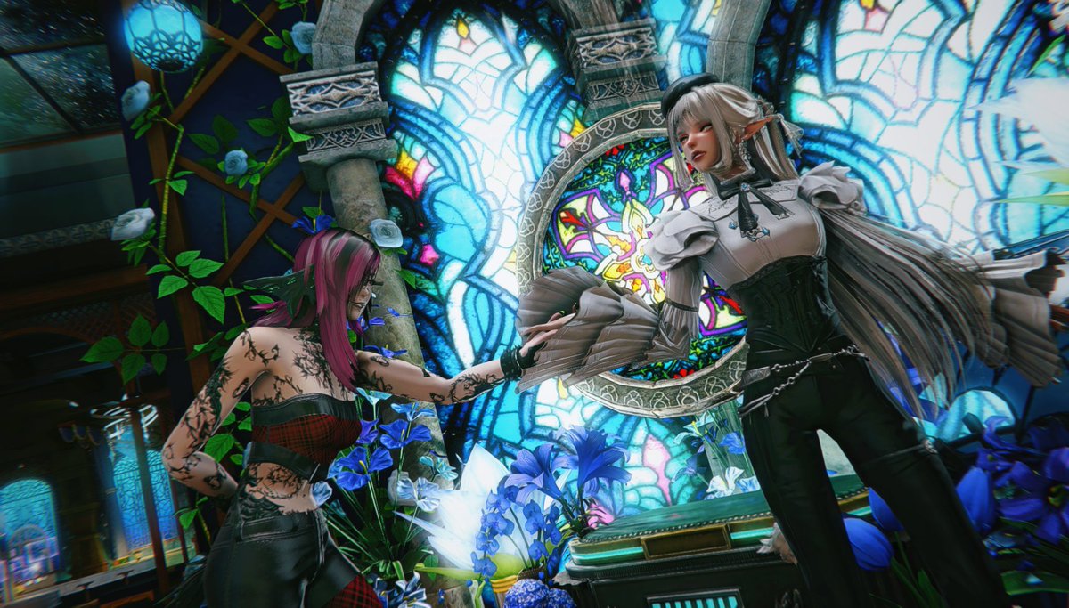 AigleFess's tweet photo. A little more from my lil trip to Oceania. Asking my hostess for a dance in front of a beautiful stained glass window.

w/ @Wkwkwanna

#ffxivgposers #FFXIVScreenshots #gposers #ffxivsnaps #EorzeaPhotos #StudioApurva #85club https://t.co/bUPxRcs46S