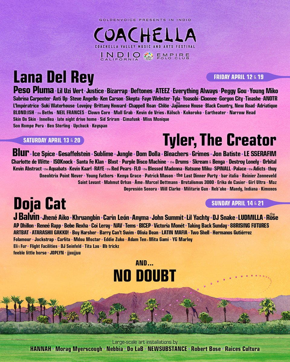 DojaTours's tweet photo. Doja Cat will OFFICIALLY headline #Coachella today, Sunday, April 14th. 

She becomes the first female rapper to ever headline the festival, &amp; the second black woman in history to do so. 

Watch her perform live on @YouTube at 10:25 PM PST on the Coachella main stage livestream. https://t.co/nf7ypHezBj