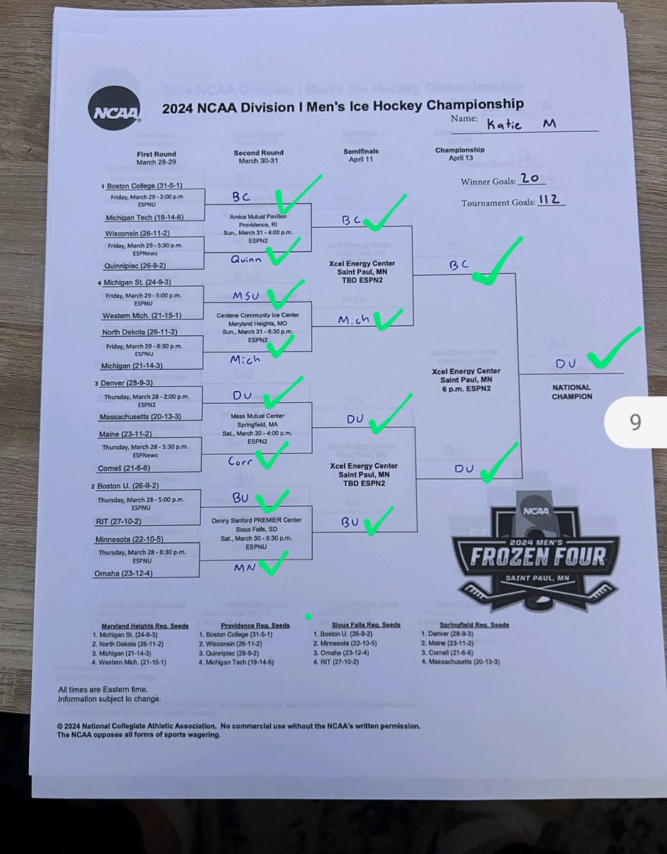 katie__mo's tweet photo. Bucket list moment as I watched @DU_Hockey win the #FrozenFour to seal my perfect bracket and win $300 @espn @BarstoolU @barstoolsports @NCAAIceHockey https://t.co/D0TEysOL0n