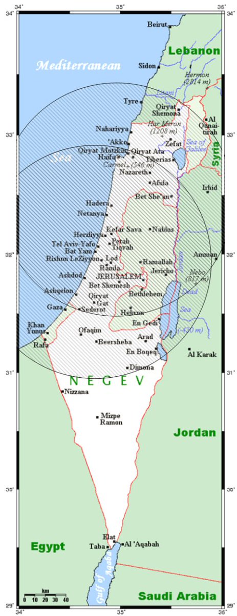 Zona de cobertura de los sistemas antimisiles Hetz y Patriot, los únicos con capacidad para derribar misiles balísticos de medio alcance. De ahí que Irán atacase la base de Ramón en el desierto del Negev con ellos.
Tres escuadrones de F-16 y dos de AH 64 operan en esa base.