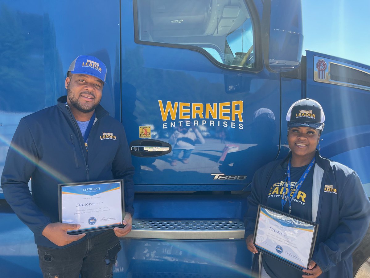 🎓 NEW LEADER ALERT! 🎉 Sucson P. and Tiara M. are ready to hit the road as Driver Leaders, recently graduating from our Career Track Leader Development program. They'll be guiding our next generation of professional drivers as they hit the road with #TeamBlue! #WernerProud