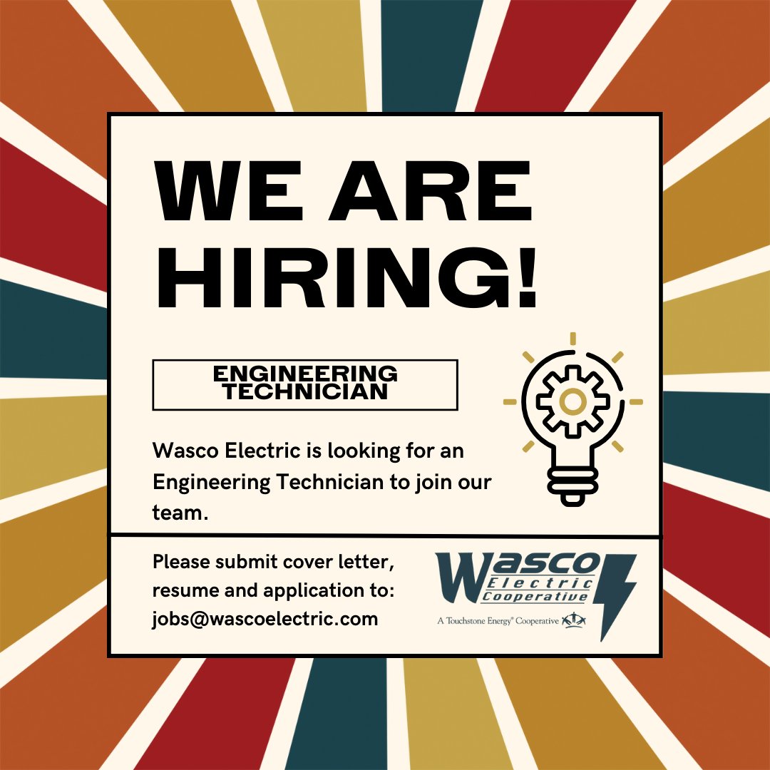 #WEC is hiring an Engineering Technician! ⚡ Submit your Cover Letter, Resume and Application to jobs@wascoelectric.com More details at wascoelectric.com/about/jobs/ #engineeringtechnician #thedalles #wascoelectriccooperative