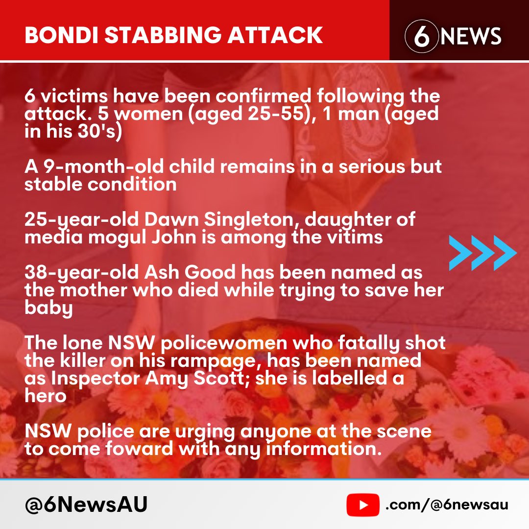 6NewsAU's tweet photo. #UPDATE: Here is what we know as of 10:55am AEST this Sunday, following the stabbing attack in Bondi Yesterday.

#6NewsAU | https://t.co/eU0kSSqP9E https://t.co/iPGrIMAv3y