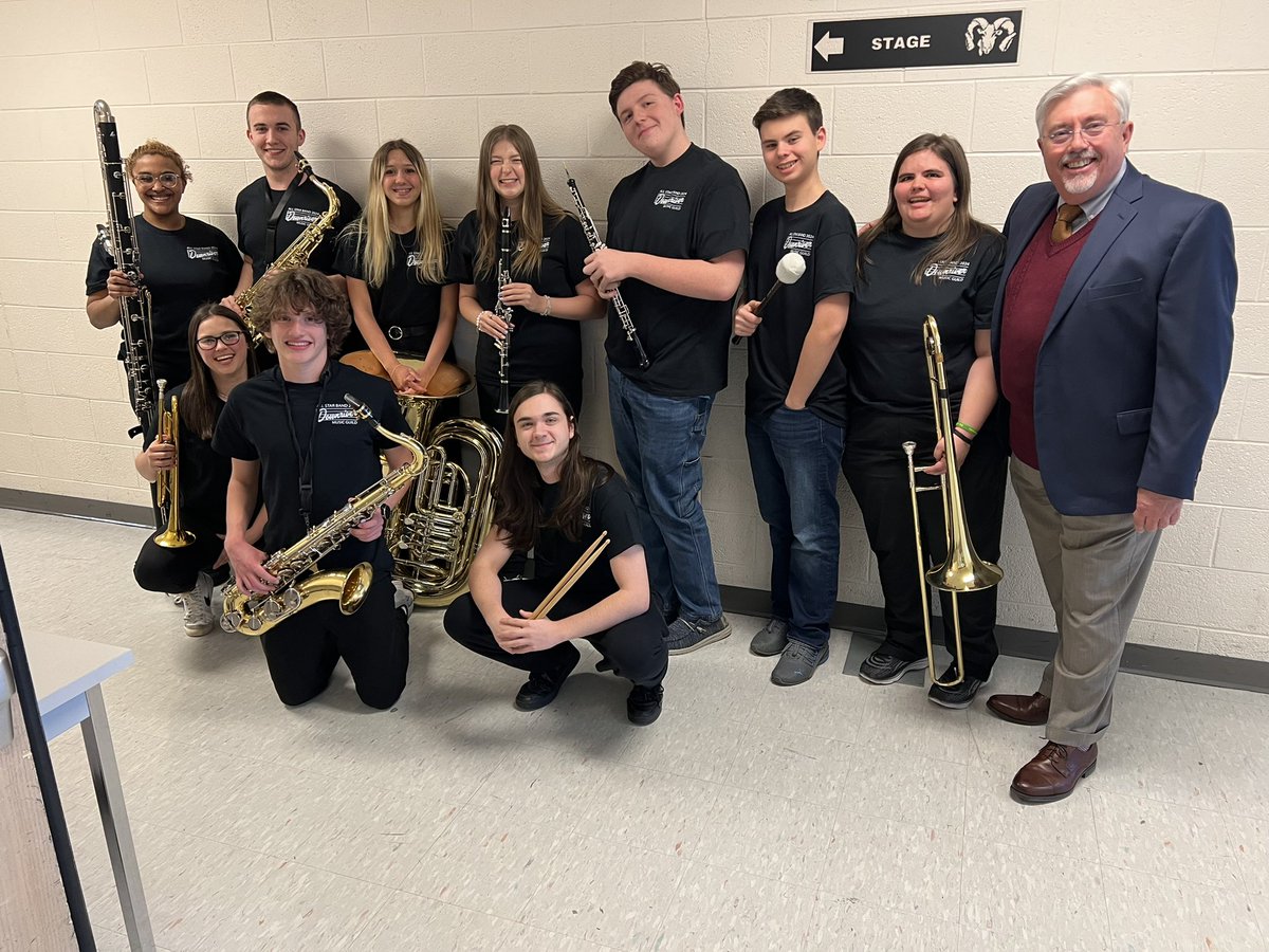 flatrockband's tweet photo. 8 Simpson Bandos and 10 HS Bandos participated in the Downriver All-Star Bands today at FRHS.   Here they are with Guest Conductor Dr. James Batcheller from CMU.   6 hours of rehearsal followed by a Concert. #warh https://t.co/e35IFU5iVC