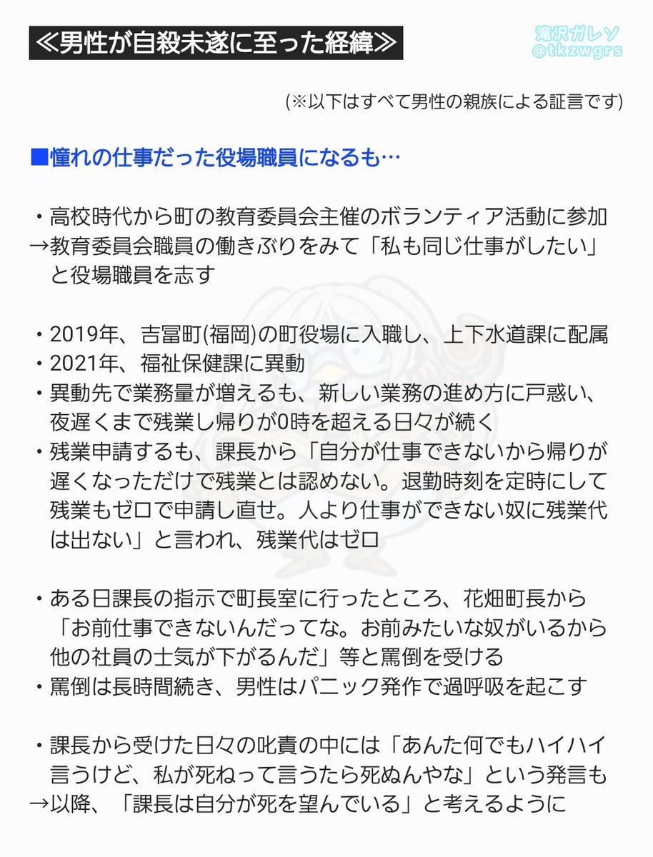 tkzwgrs's tweet photo. 【独自】福岡県の吉富町の20代男性職員が“職場でのパワハラ”を理由に自殺未遂を起こした件について、『男性の遺書』と、男性の親族が証言した『自殺未遂に至った経緯』を公開します

#パワハラ #吉富町

※本件に関する重要な補足と、関係者から寄せられたタレコミ、関連記事はツリーに繋げます https://t.co/0nTSpfC71T