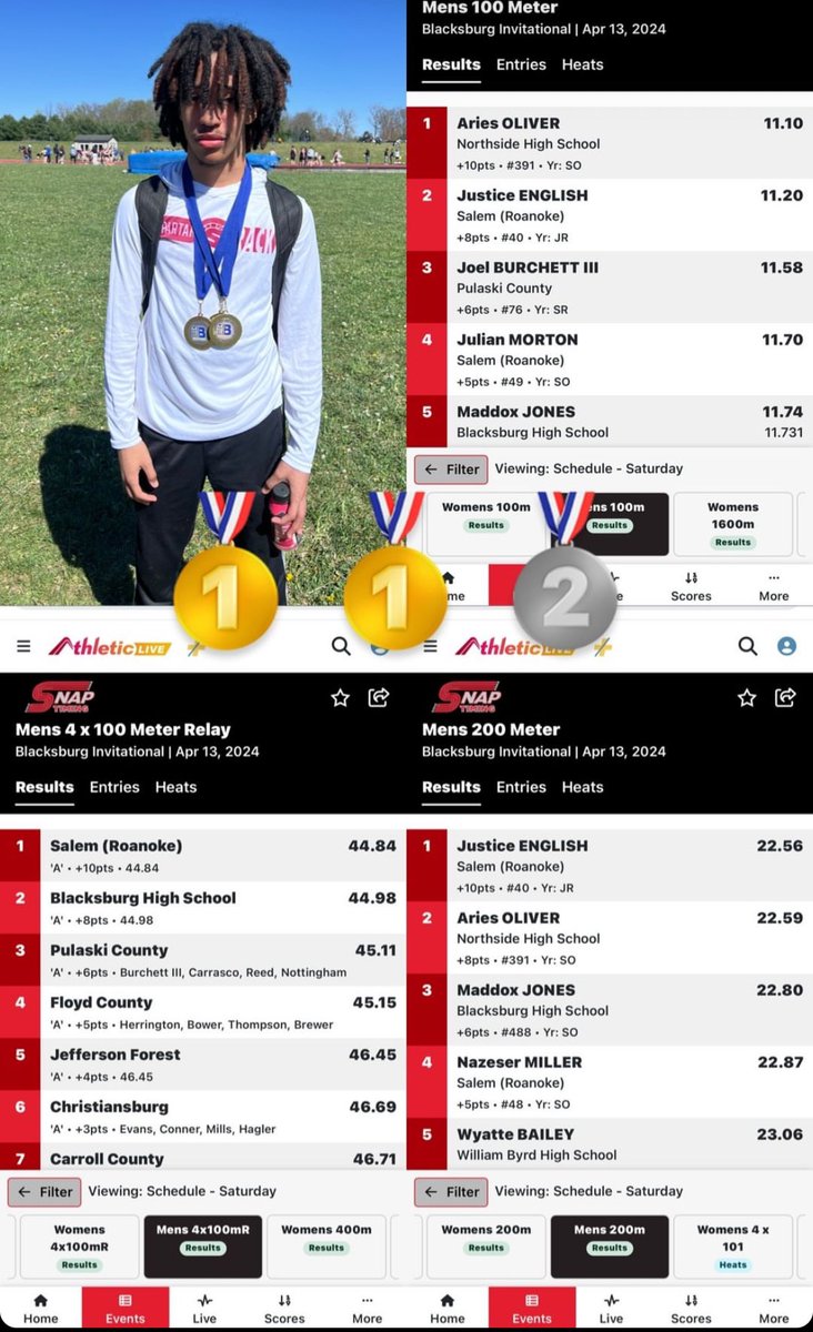 justiceenglish_'s tweet photo. Blacksburg Invitational today 2nd in 100 meter, 1st in 4x1 (1st leg) and first in 200 meter with 22.56!  Home meet next week wednesday. @CoachDM1980 @SCplayerslights @Unrivaled540 @NT_XCTF @Roanoke_TFXC https://t.co/owfvM9cBah