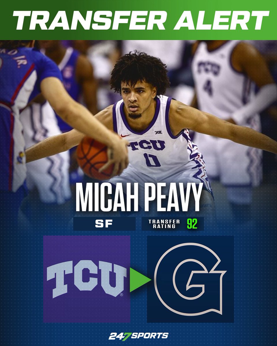𝙉𝙀𝙒𝙎: TCU transfer Micah Peavy has committed to #Georgetown, a source tells @247Sports. Peavy earned Honorable Mention All-Big XII honors after averaging 10.9 points, 4.9 rebounds, and 2.6 assists per game. STORY | 247sports.com/college/basket…