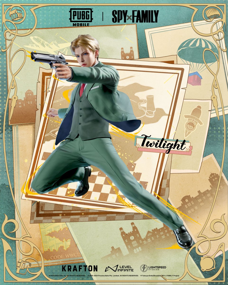 Get exclusive set featuring <Twilight>. Let the art of strategy illuminate your path to victory. pubgmobile.live/SpyxFamily2024 #PUBGM_SPYxFAMILY #SPYxFAMILY #PUBGMOBILE