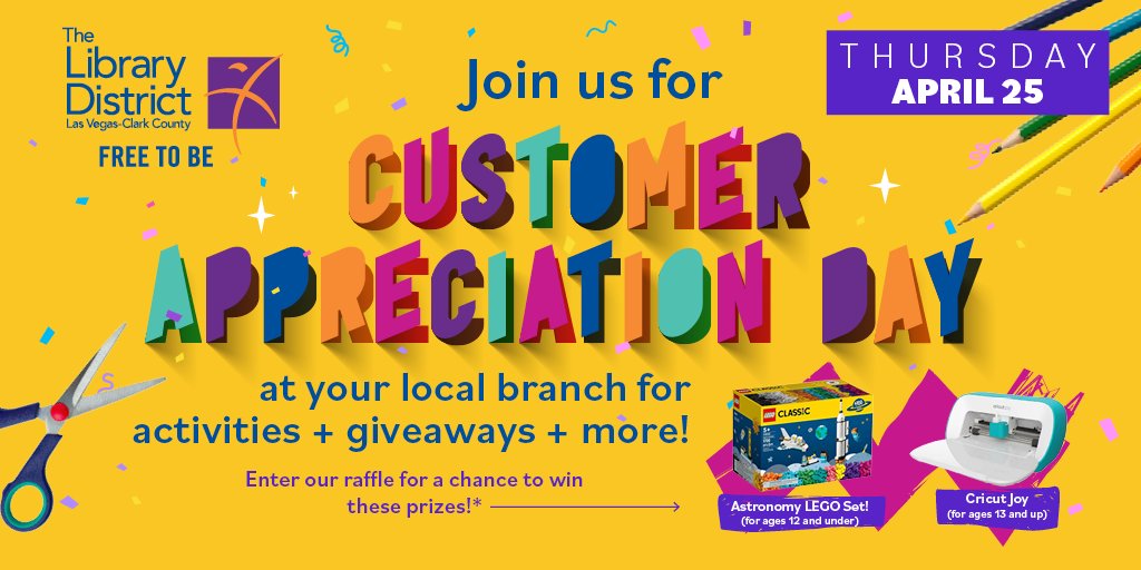 Stop by your favorite library branch on Thursday, April 25 for our #CustomerAppreciationDay festivities & participate in fun activities, special giveaways, & celebrate with us 🎉! Get all the details:👉 bit.ly/4cu1Oe7 #FreeToBeYourself
