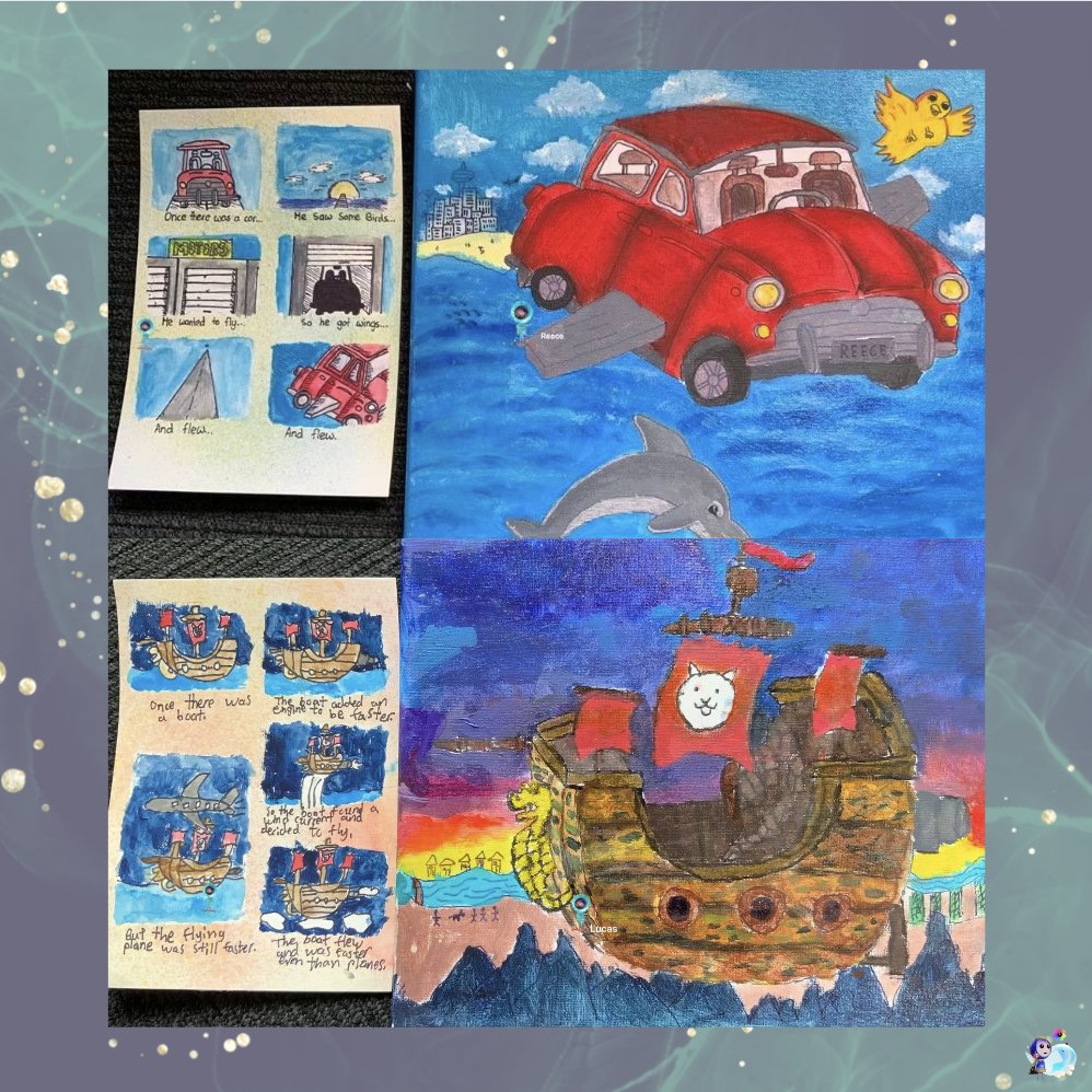 starryarts_'s tweet photo. In every artwork, there's a story... here's some students paintings accompanied with a short comic story📖

#artstudio #creativearts #imagination #creative #artwork #artworkmeaning #childrensart #childrensartwork #comicstory #storytelling https://t.co/aB7YOBL1Zy