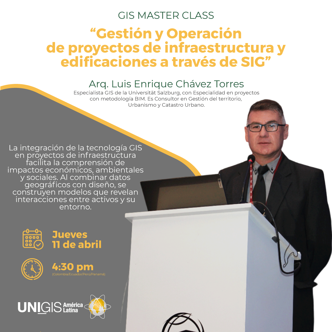 GIS Master Class UNIGIS América Latina: "Gestión y Operación de Proyectos de Infraestructura y Edificaciones a través de SIG"
Grabación: youtu.be/TmcdZEJT5x0

Oferente: Arq Luis Chávez, Especialista SIG de la Universität Salzburg y proyectos BIM. 

americalatina.unigis.net