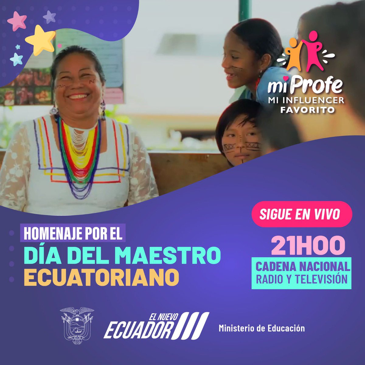 En este #DíaDelMaestro, honramos a quienes con vocación y pasión dibujan el camino del saber en cada rincón de Ecuador. 🌟 En cada aula cantamos su himno con admiración y hoy queremos entonar su nueva versión con gratitud y mucha emoción. 📚✨ Conéctate a la cadena nacional,