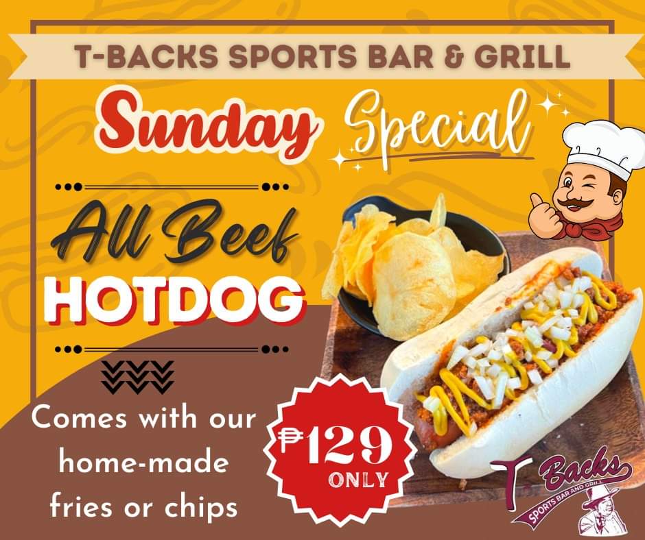 tbacksbbq's tweet photo. Our Sunday special at T-Backs Sports Bar and Grill is a All Beef Hot Dog with homemade chips or fries for only ₱129. We have sports on all 12 of our tv's so enjoy the game and a delicious All Beef Hot Dog. #tbacksisgood #allbeefhotdogs #angelescity #tbackssportsbarandgrill https://t.co/LGXkBAI1QR