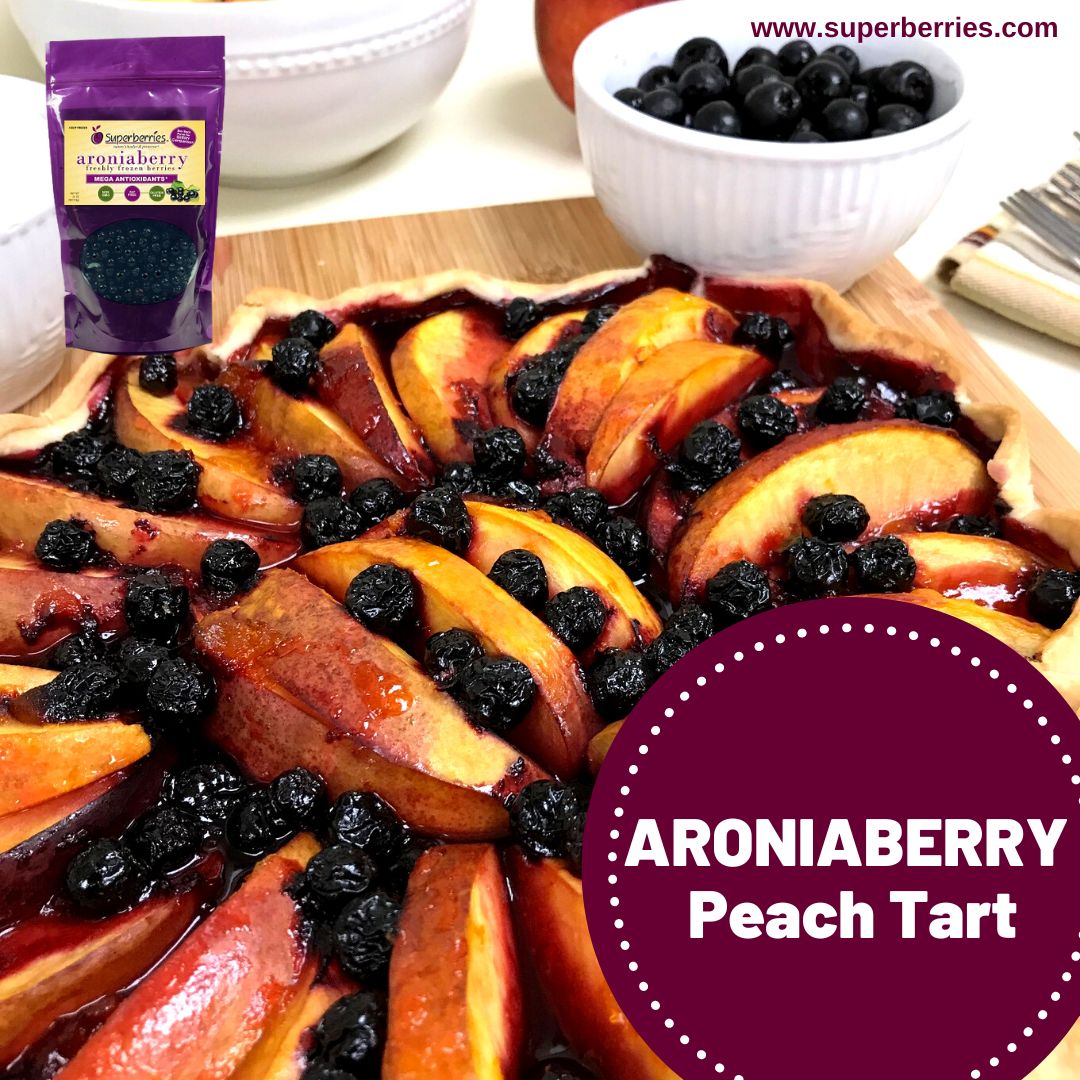 We love this Aroniaberry Peach Tart for a weekend desserts. Aroniaberries are delicious in good for you foods like oatmeal or a smoothie. But they can also be used in baking. * superberries.com/superberries-a… * #Superberries #Aroniaberries #AroniaRecipes #PeachCobblerDay