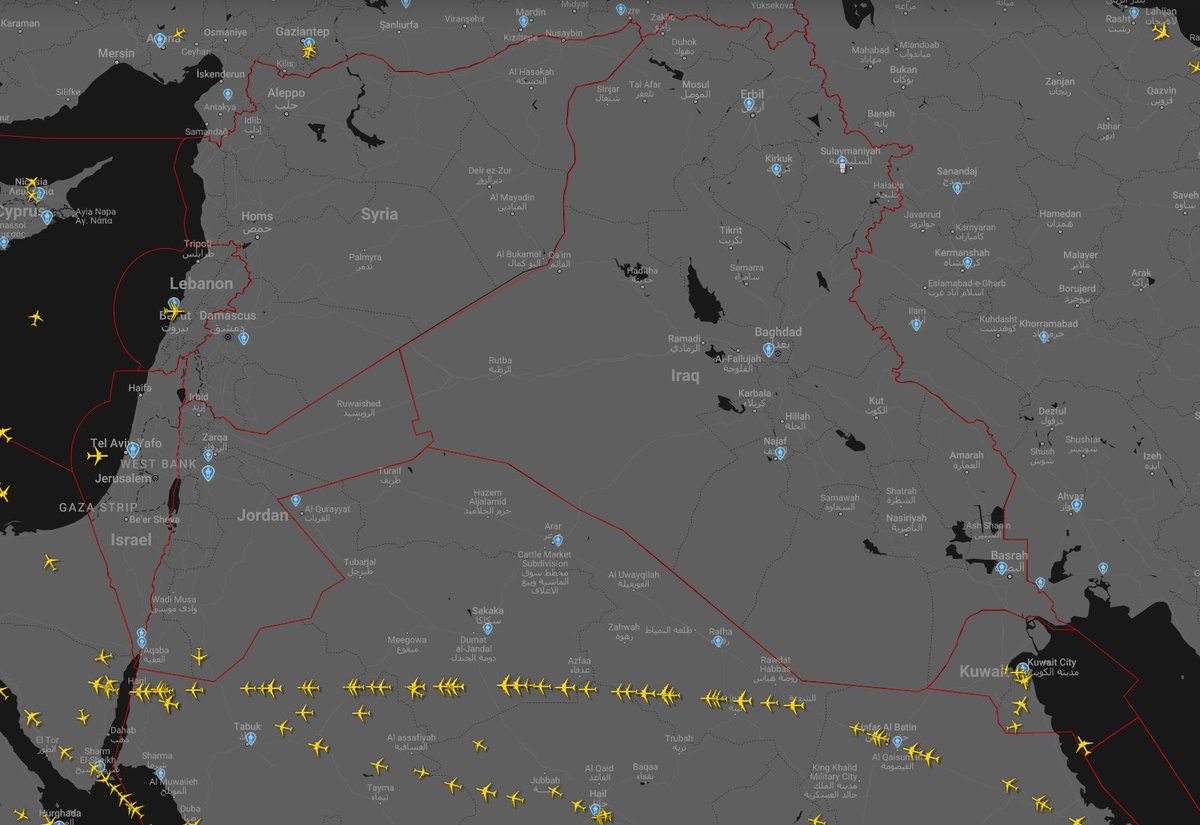 Israeli, Lebanese, Iraqi, and Jordanian airspace remains closed. A massive parade of long-haul aircraft are currently crossing northern Saudi Arabia to avoid the area.