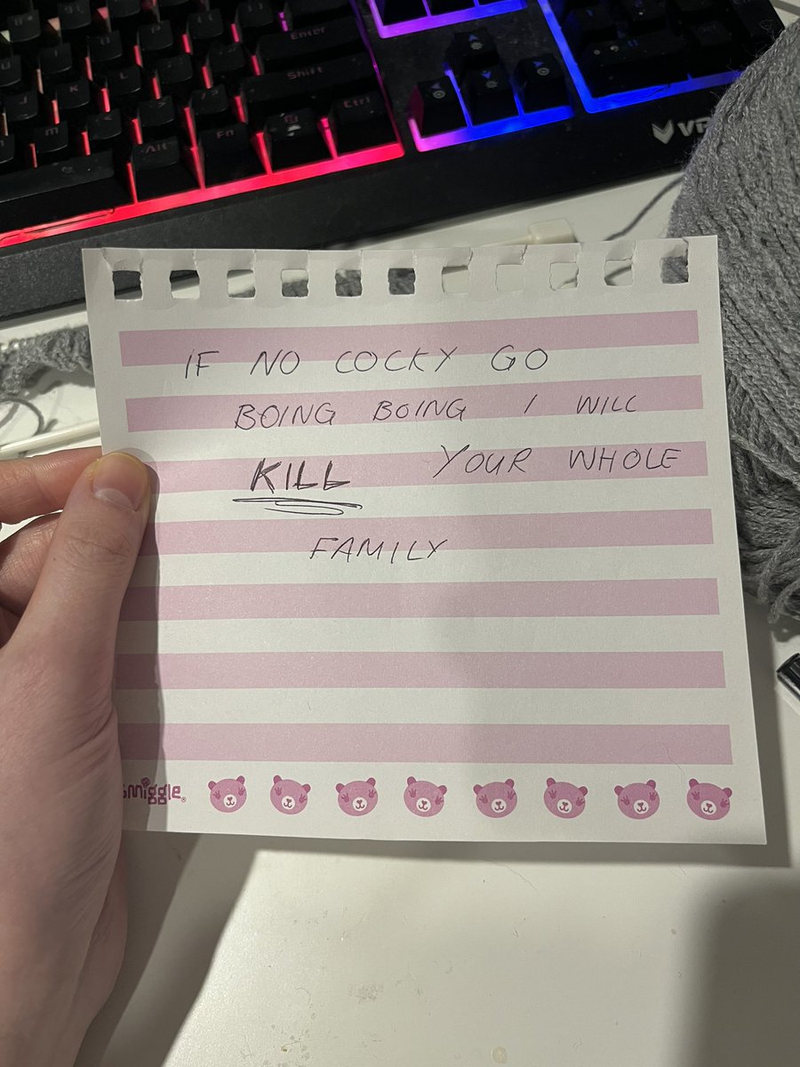 i’m actually shaking. this man came up to me with those note and said if my cocky doesn’t go boing boing he will harm my family. who wants to help me? im seriously terrified right now.