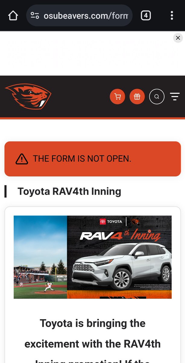 radams's tweet photo. @Toyota @BeaverBaseball @MEPOSU Second game in a row with an error on the Rav 4th Inning form if anyone can look into it. https://t.co/h9NP52djtI
