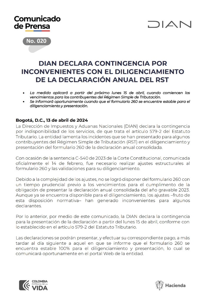 DefensoriaDIAN's tweet photo. ATENCIÓN: 

"Dian declara contingencia por inconvenientes con el diligenciamiento de la declaración del RST" https://t.co/2jrACuKTdR