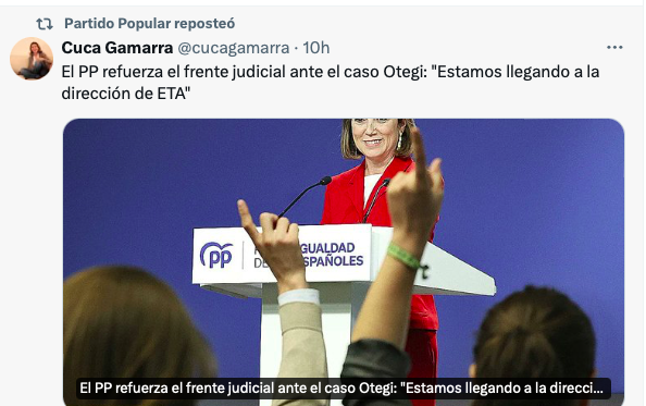 doña Concepción, alias Cuca alardeando de que SU PP, puede meter mano en el frente judicial 'reforzándolo' y, por ende, en el policial, autor del informe al juez de presuntos Otegui hechos..pues no tengo claro si es chulesco descaro o la ha traicionado el subconsciente...