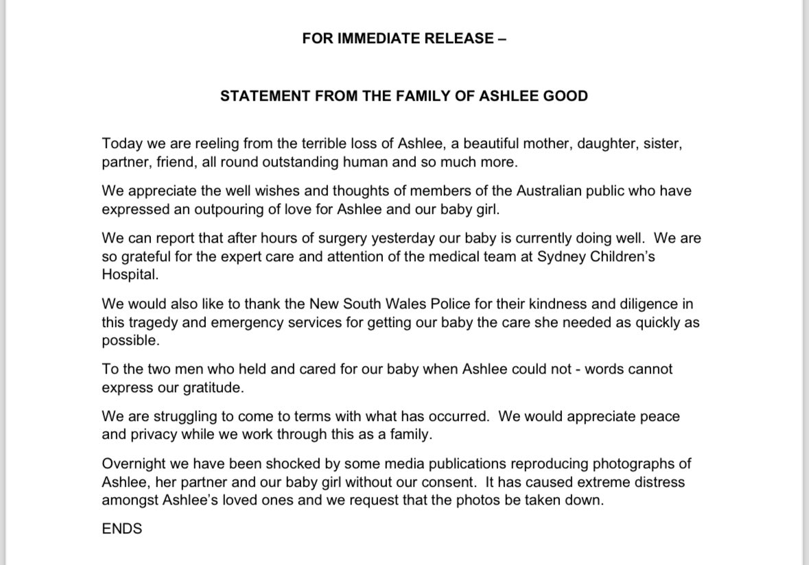 Family of Ashlee Good, the mother slain in the Bondi attack yesterday, release statement a photo. Say baby currently doing “very well” and thank the men who cared her.