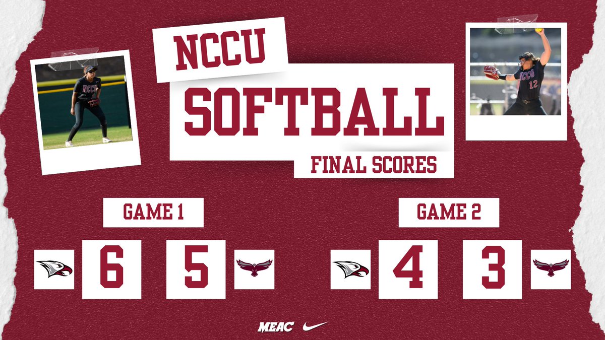 FINAL SCORE! The NCCU softball swept UMES in Saturday's MEAC road doubleheader. Freshman Tyler Suttles (3 H, 2 RBI, 2 R) had a big first game and classmate Xenna Tompkins tossed the complete-game victory in the nightcap. #EaglePride