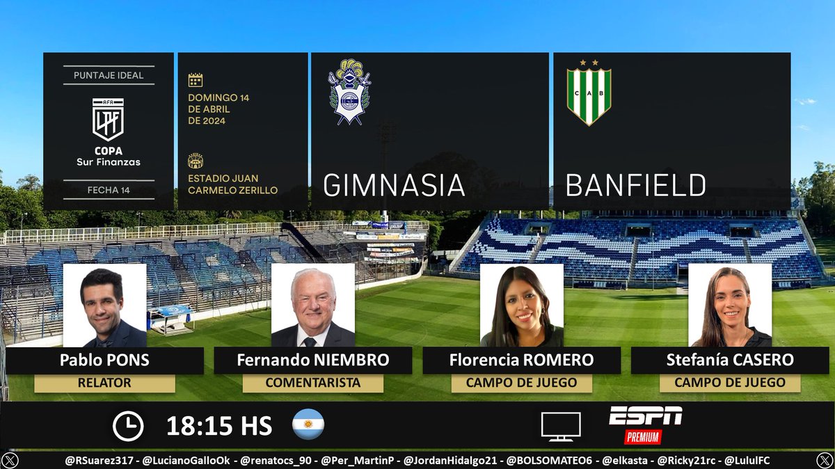 ⚽ #CopaDeLaLiga 🇦🇷 | #Gimnasia vs. #Banfield 🎙 Relator: Pablo Pons (@pablobari) 🎙 Comentarista: Fernando Niembro 🎙 Campo de juego: @florjuy_ y @stefaniacasero 📺 ESPN Premium 🇦🇷 🤳 #ESPNPremium - #PackFútbol Dale RT 🔃