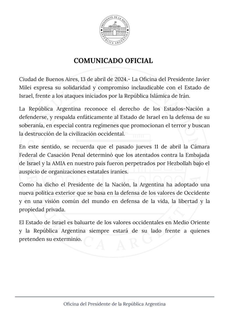 Rincon001A's tweet photo. Impresionante comunicado de Argentina en cabeza de su presidente Javier Milei en solidaridad con Israel 

Fantástico 

Que pedazo de presidente tiene la Argentina 
Felicitaciones Hermanos https://t.co/SQyz9Rc9k6