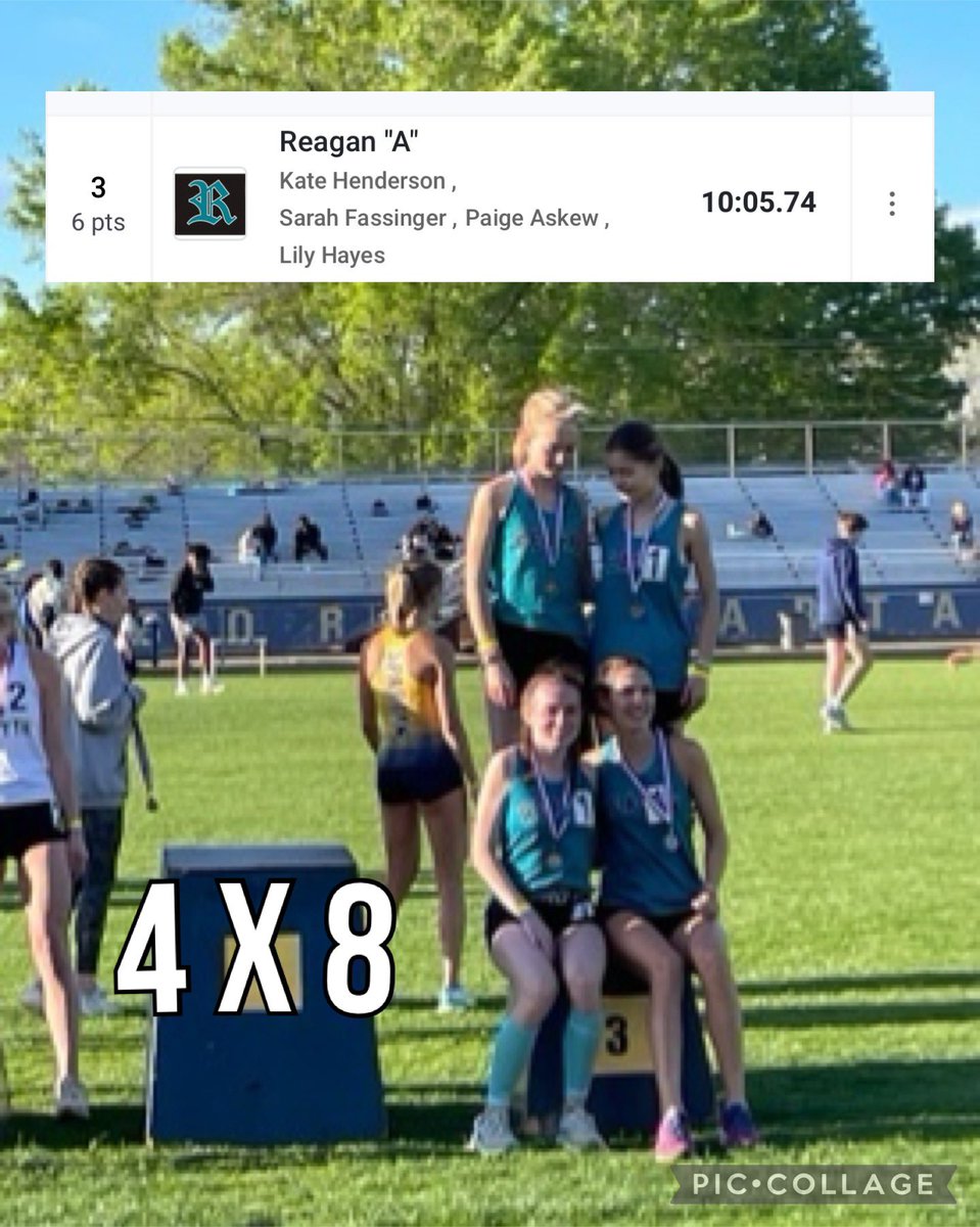 TF_Reagan's tweet photo. Ladies 4x8, finishes 3rd and qualifies for Regionals! Congratulations to Paige Askew, Lily Hayes @hay24582604, Kate Henderson @KateHendy7 and Sarah Fassinger  @FassingerSarah! 
#ReaganTrackandField https://t.co/4Le1qEvupa