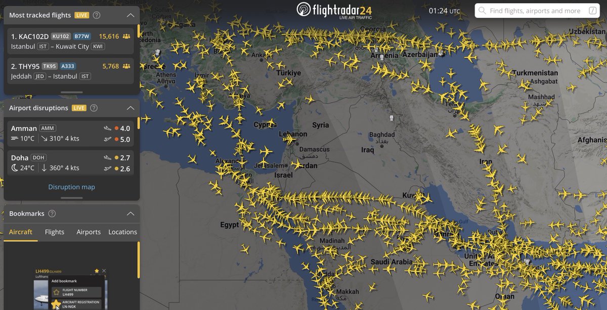 Вчера-сегодня. Сравнение карты полётов над регионом Израиль-Ирак-Иран