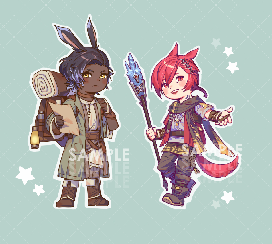 My Erenville and G'raha standee designs #FFXIV They will be available at Doujima this May! Pre-order for intl shipping coming soon! 😊