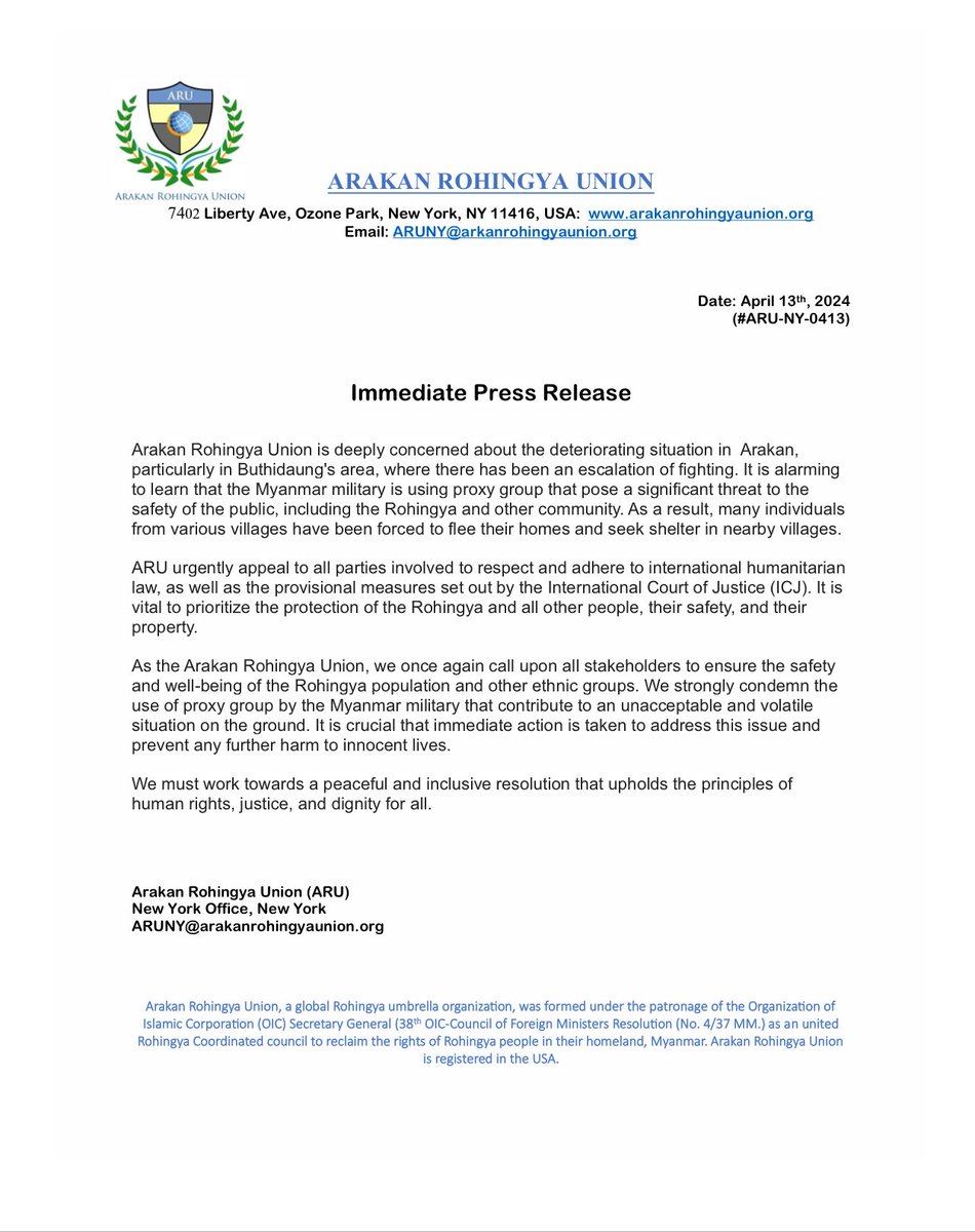 #ARU released an official statement about the deteriorating situation of #Arakan, especially victims & survivors of #genocide, #Rohingyas in #Buthidaung township where there has been an escalation of fighting. 'Stop using proxy groups in the power race.'