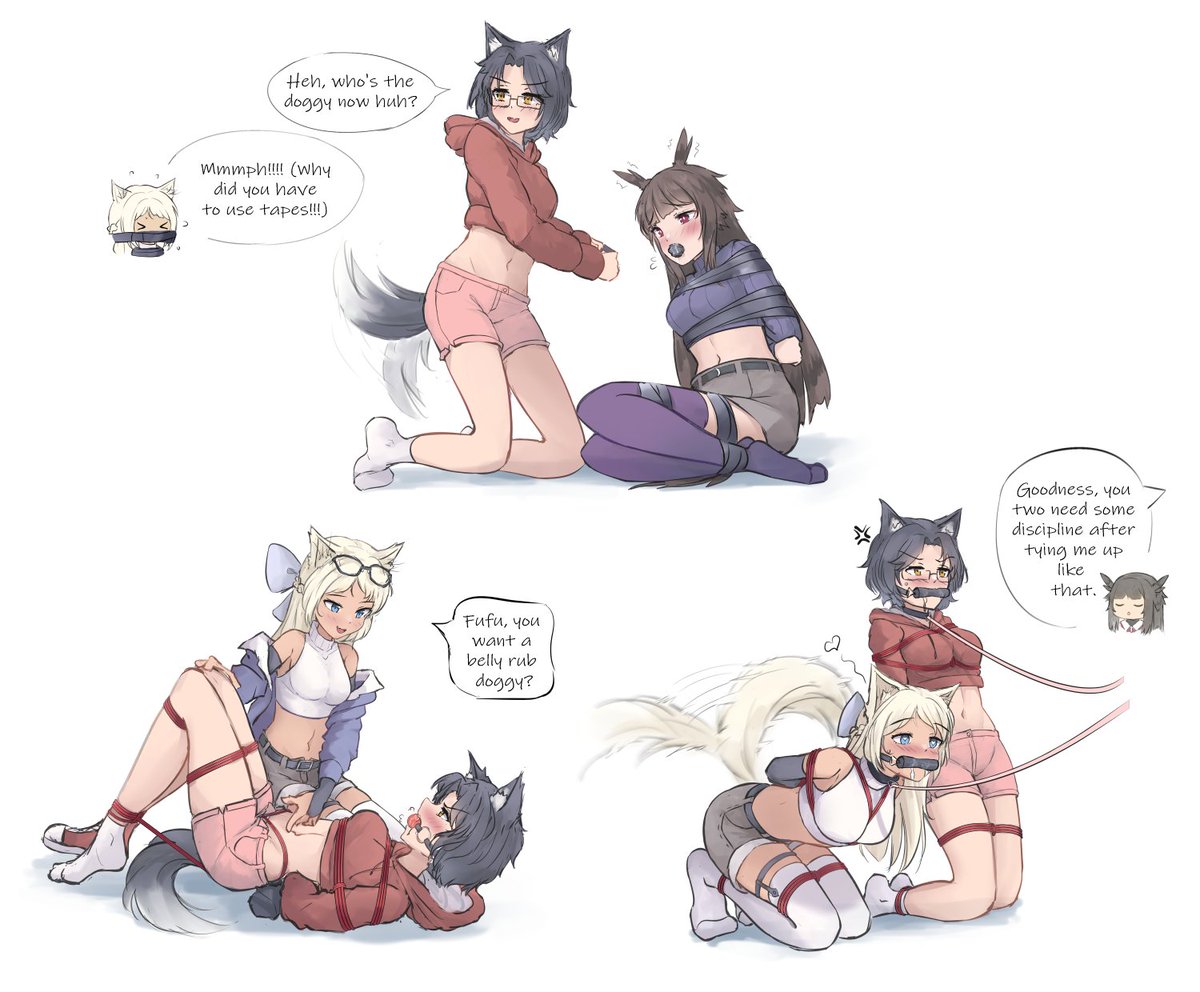 Kochi_des's tweet photo. Each of them gets a turn💦
Stuff from last year.

Metsa 🐶 belongs to @MetsaSketch 
Viel🦊 and Ria🦉 belong to (me) Kochii https://t.co/uTceEzQn8C